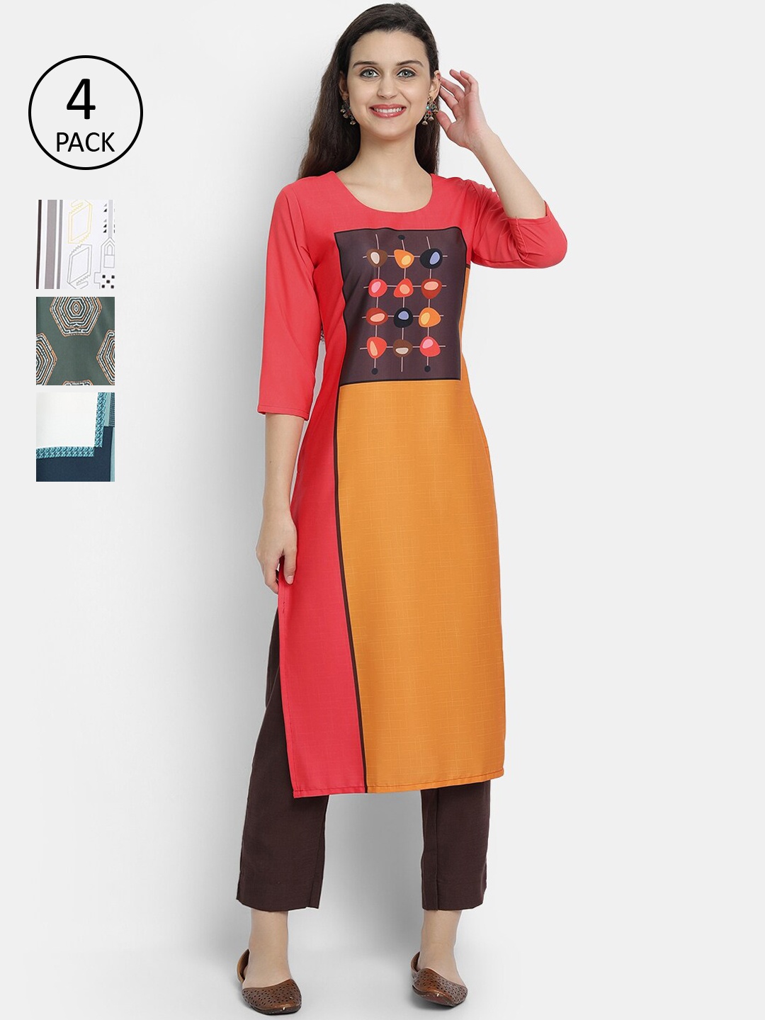 

Ethnic basket Women Set of 4 Multicoloured Ethnic Motifs Printed Crepe Kurta, Multi