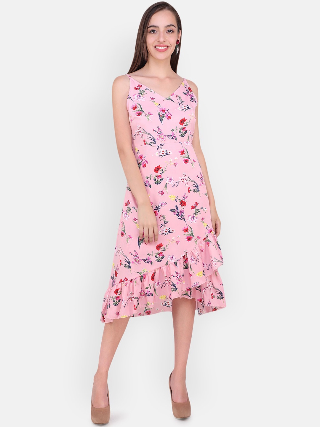 

MARC LOUIS Pink & Red Floral Midi A-Line Dress