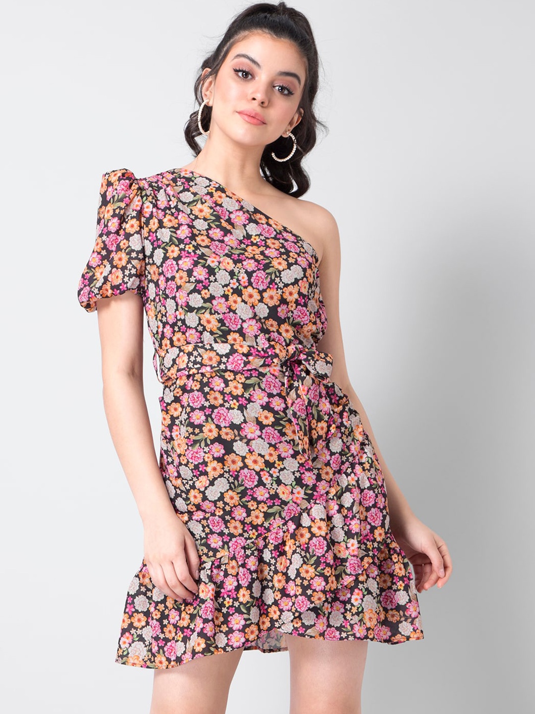 

FabAlley Black Floral One Shoulder Georgette Dress
