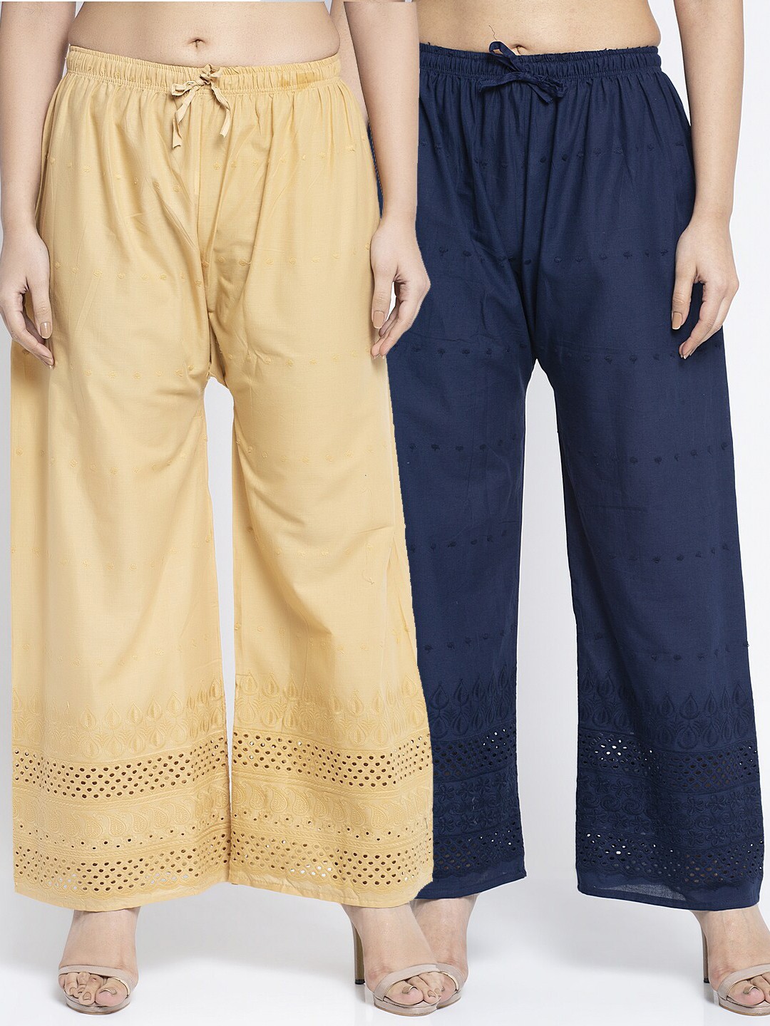 

GRACIT Women Pack of 2 Beige & Navy Blue Hem Design Flared Palazzos