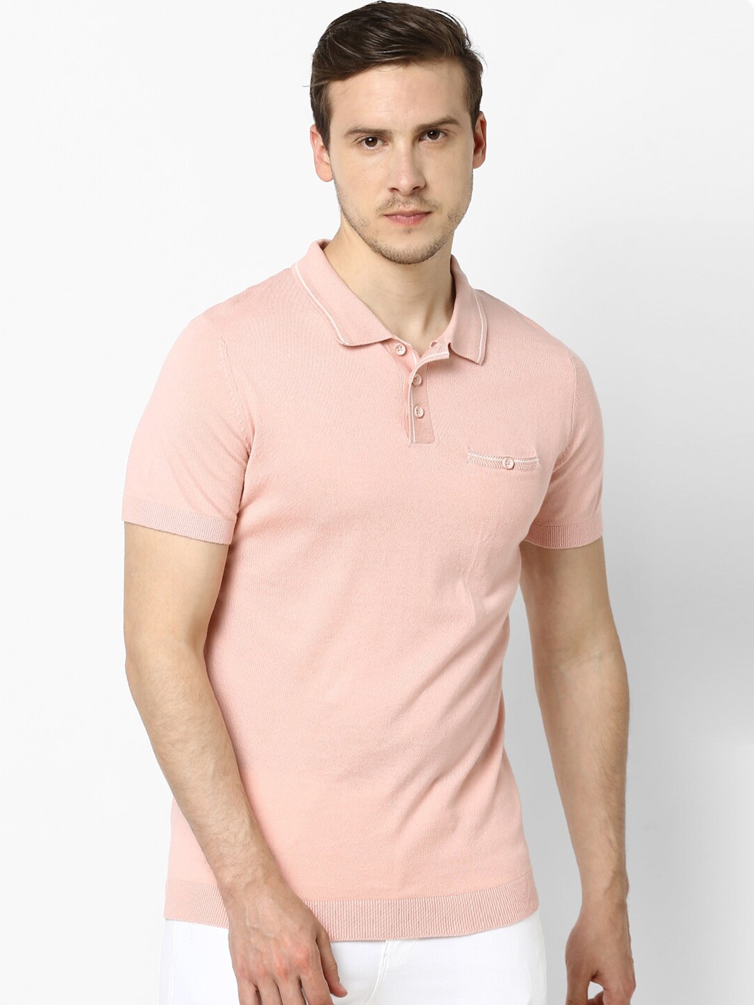 

Celio Men Pink Solid Polo Collar Pure Cotton T-shirt