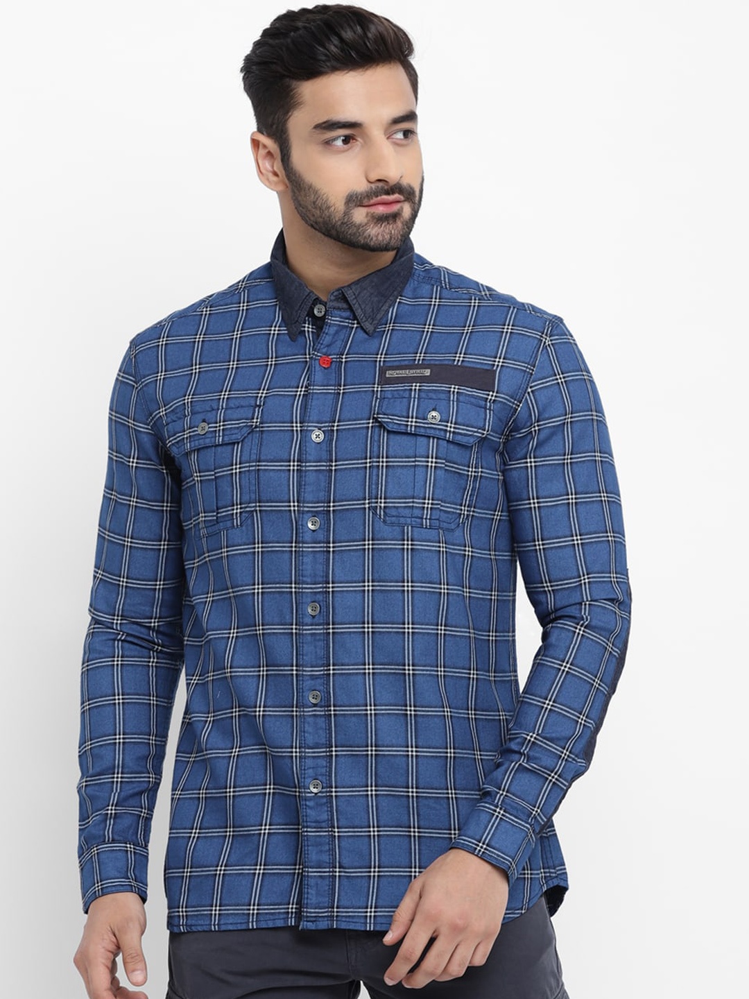 

Royal Enfield Men Navy Blue Regular Fit Checked Casual Shirt