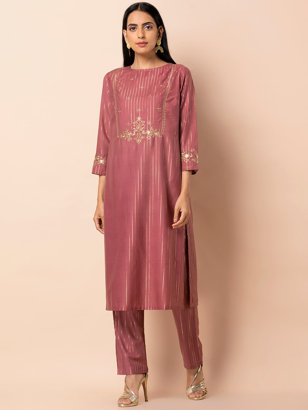 

INDYA Women Peach-Coloured Ethnic Motifs Embroidered Kurta
