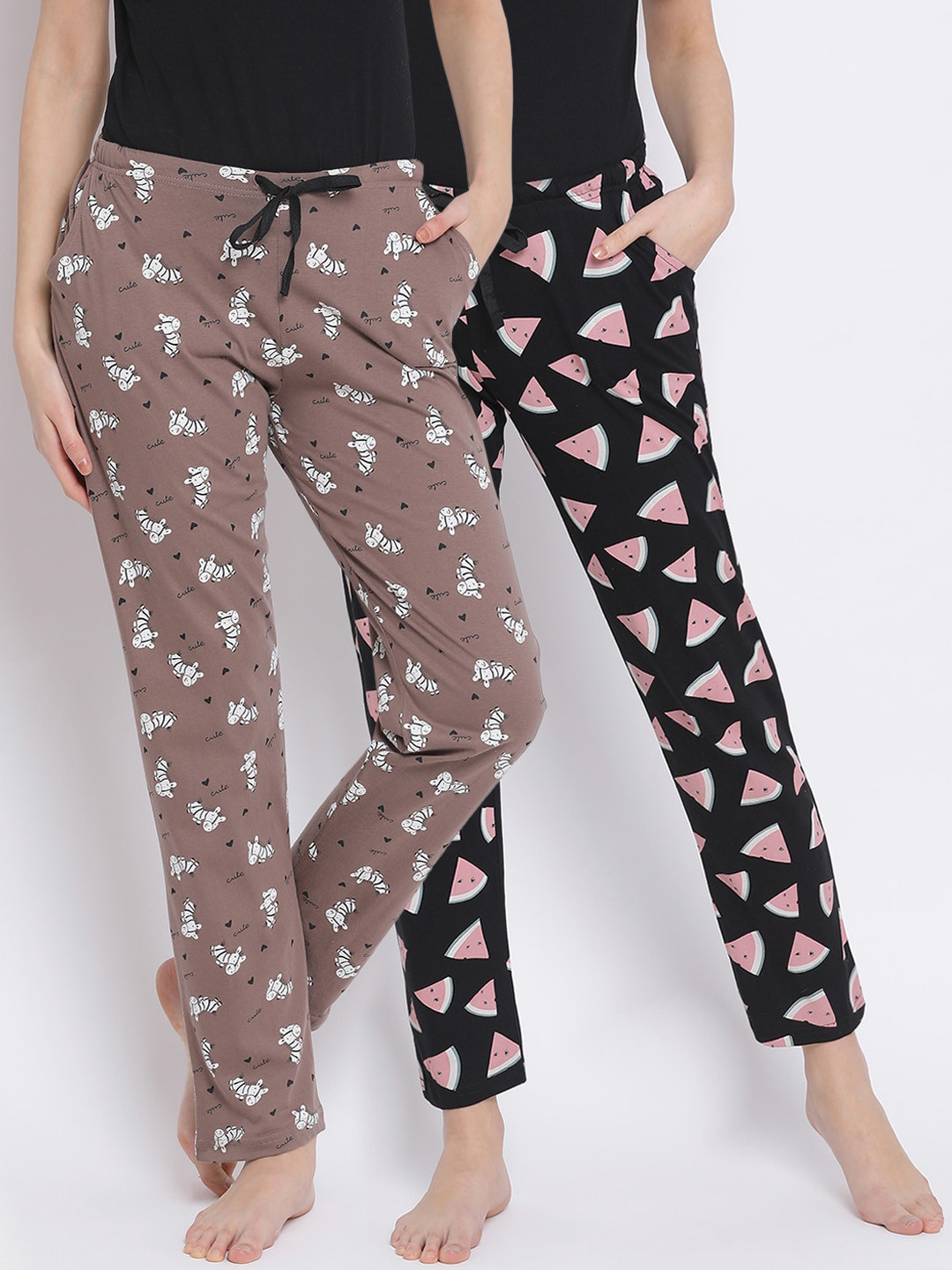 

Kanvin Women Pack of 2 Printed Pure Cotton Lounge Pants, Brown