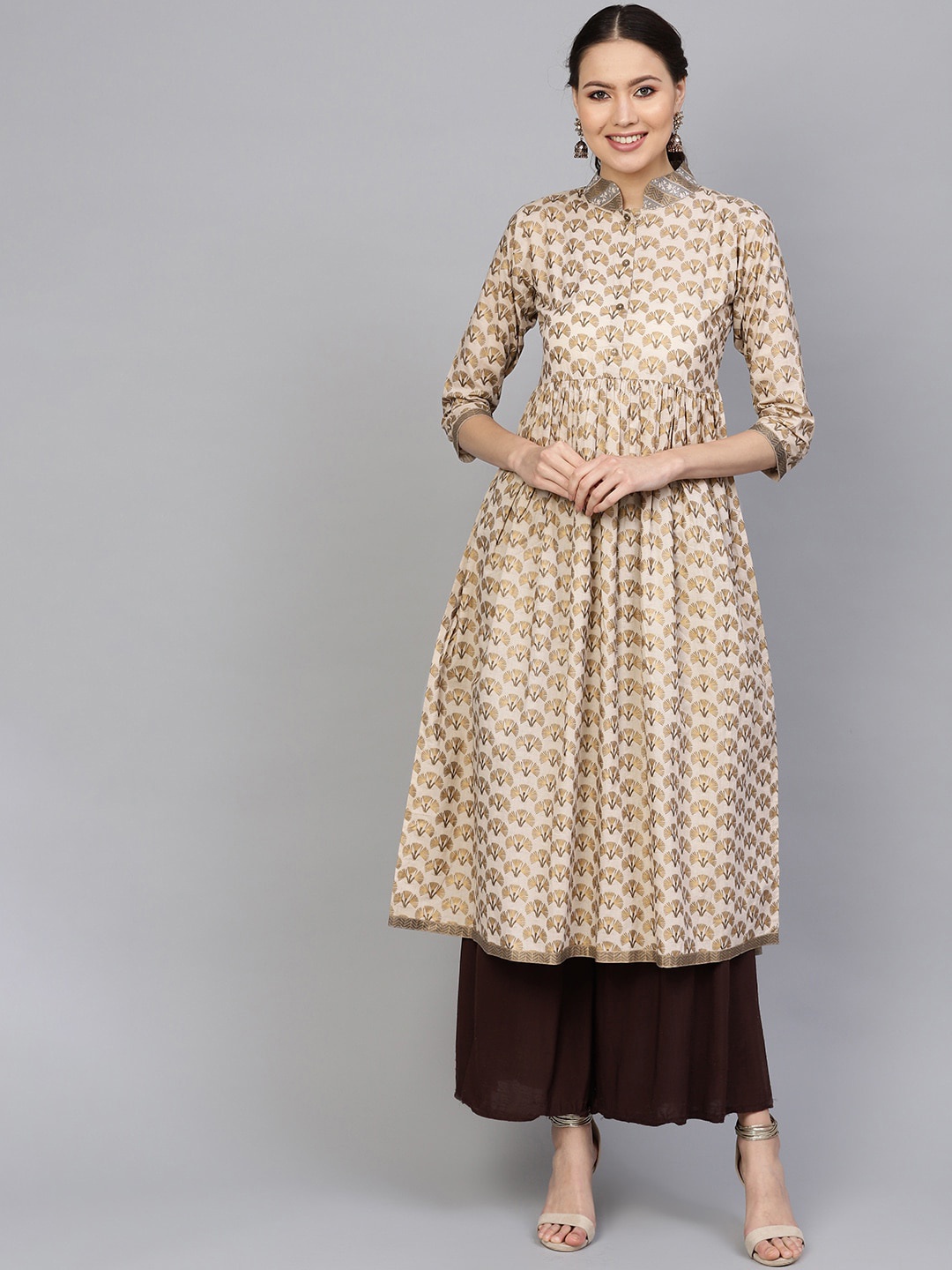 

Indo Era Women Beige Ethnic Motifs Printed Anarkali Kurta