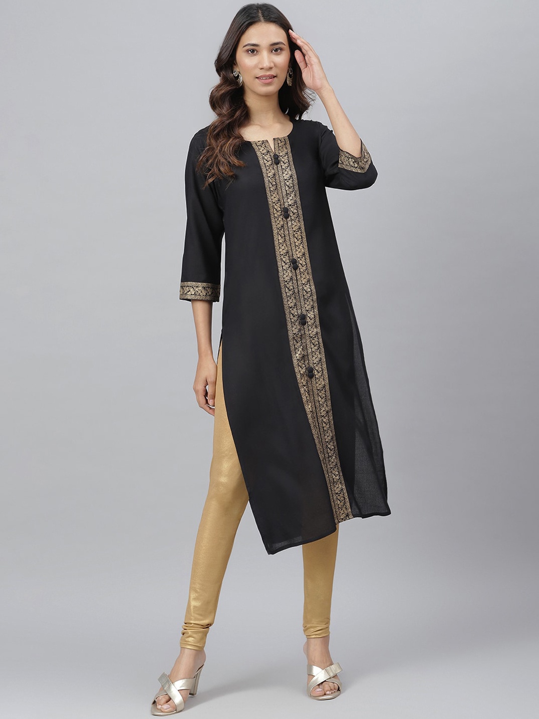 

JAIPUR ATTIRE Women Black & Gold-Toned Embroidered Thread Work Kurta