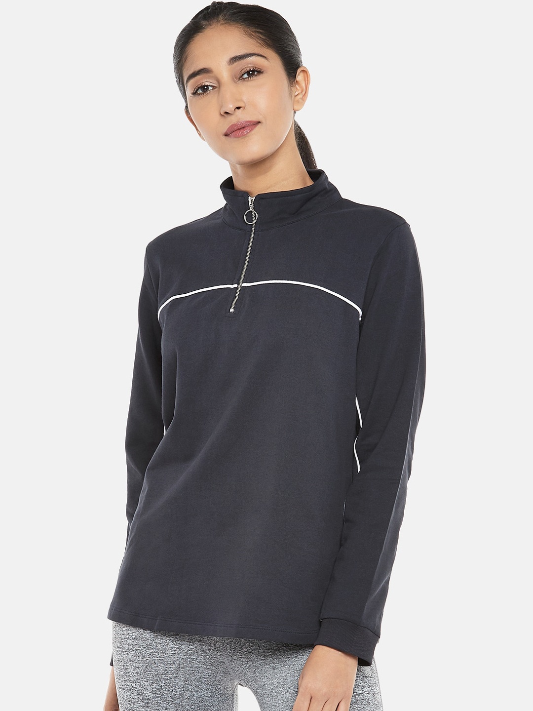 

Ajile by Pantaloons Women Navy Blue Solid Cotton Sweatshirt
