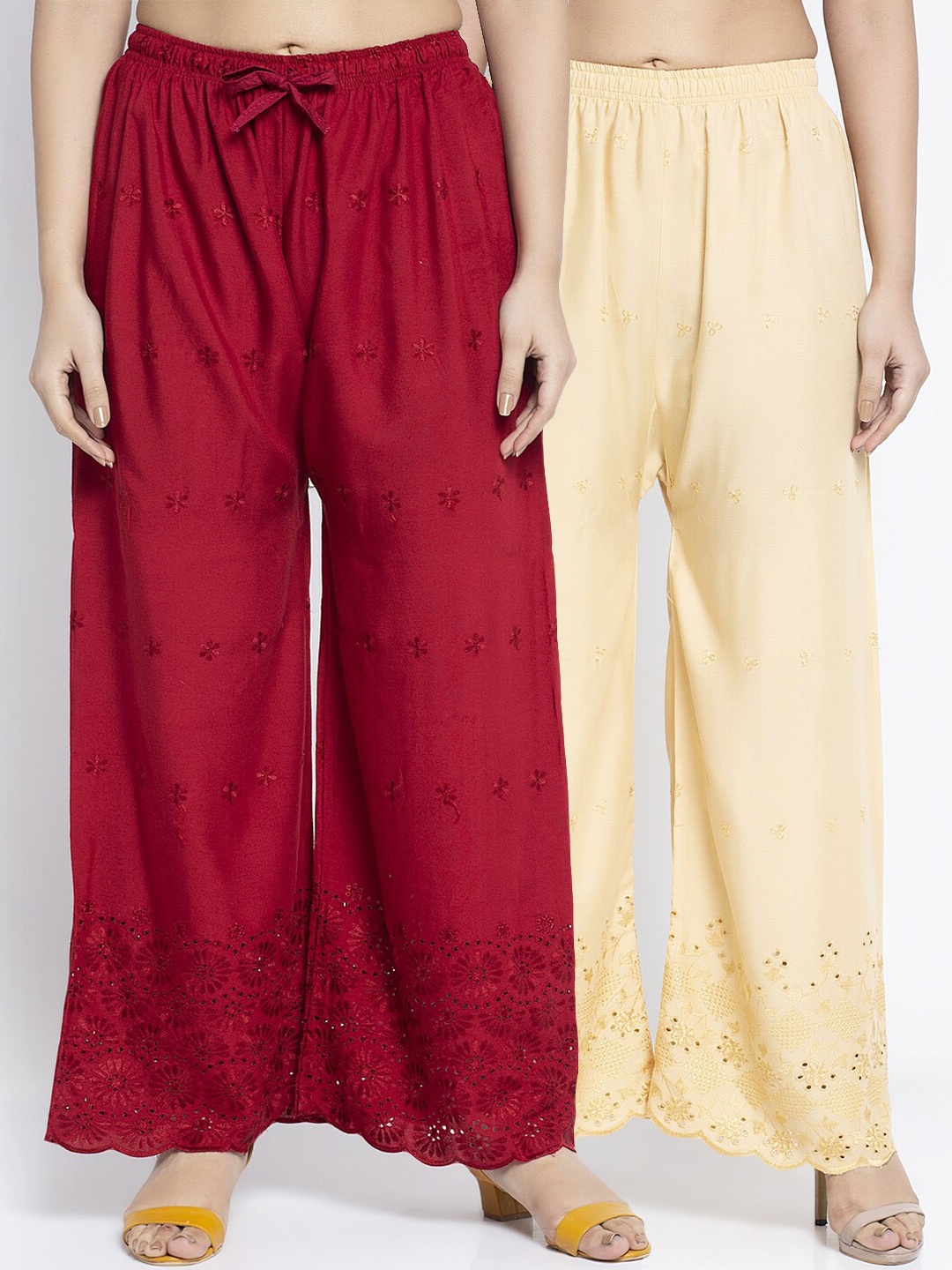 

GRACIT Women Pack of 2 Embroidered Wide Leg Palazzos, Maroon