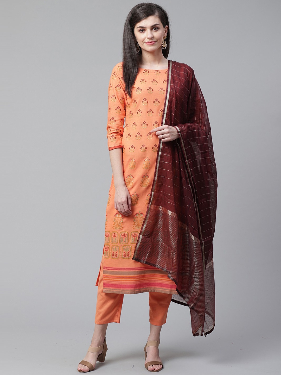 

Indo Era Women Peach-Coloured & Maroon Ethnic Motifs Printed Regular Straight Pure