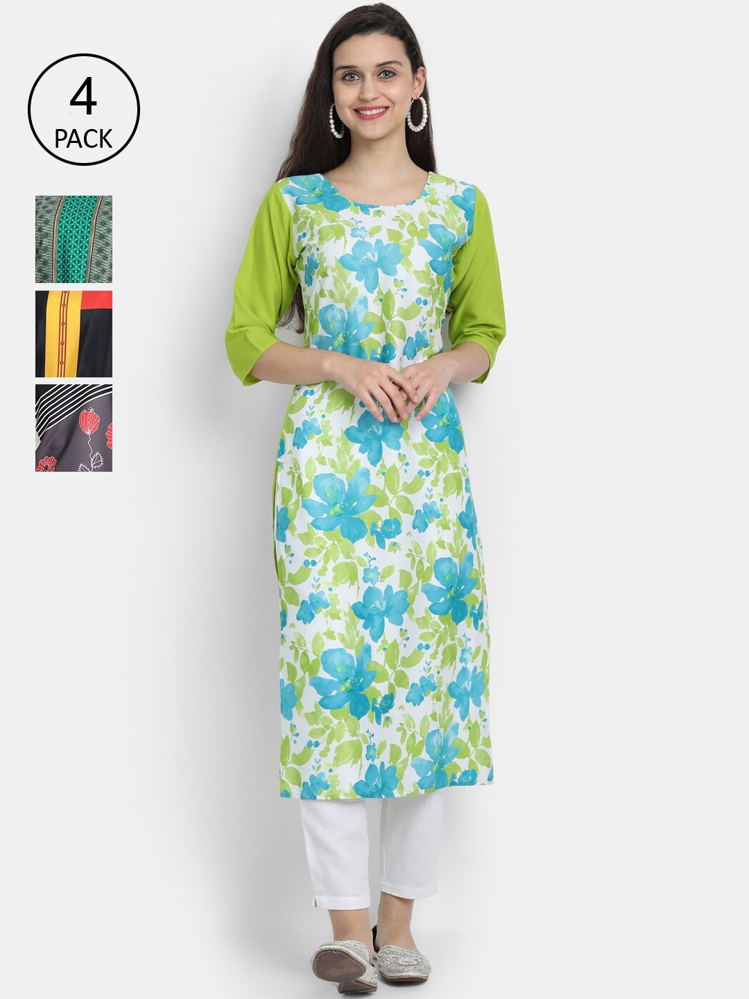 

Ethnic basket Women Pack Of 4 Multicoloured Floral Printed Crepe Kurta, Multi