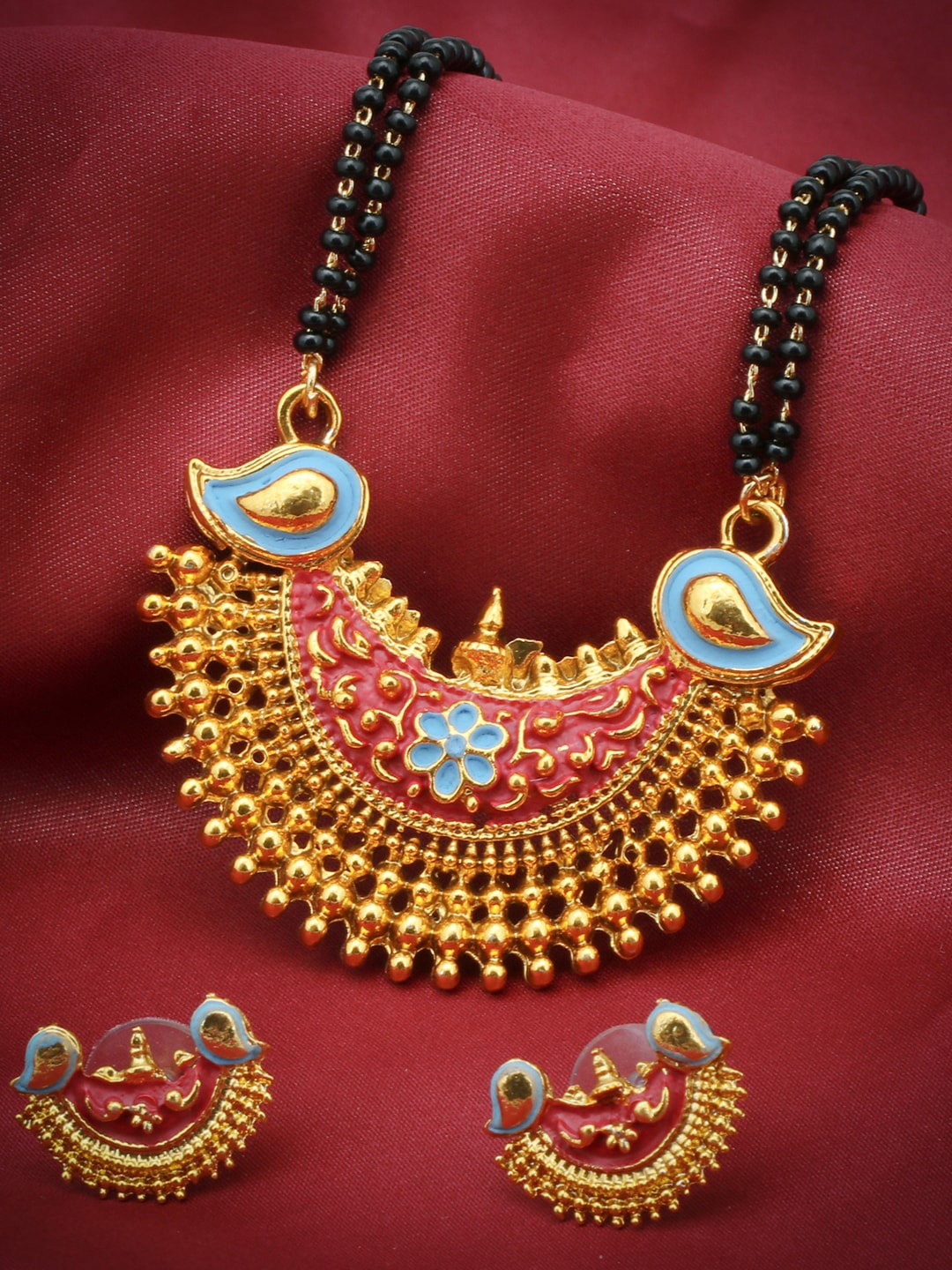 

Sukkhi Gold-Plated Black & Maroon Beaded Mangalsutra With Earrings