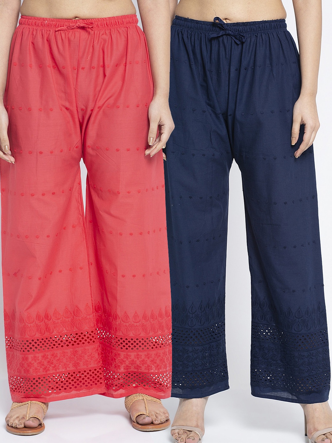 

GRACIT Women Pack Of 2 Coral Pink & Navy Blue Embroidered Wide Leg Palazzos
