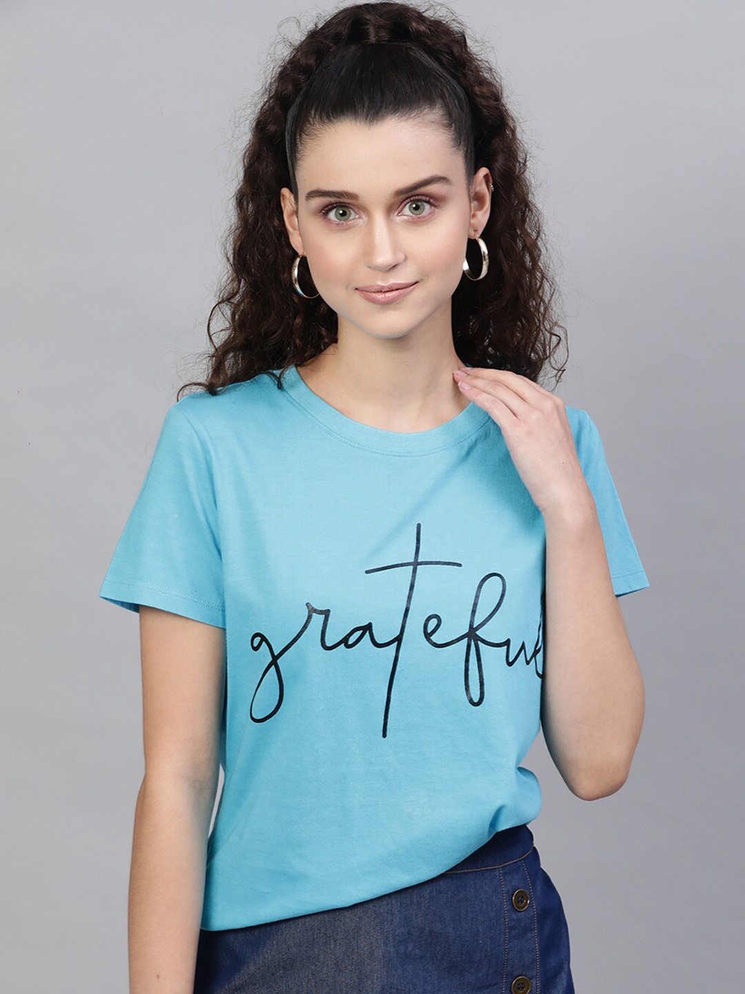 

STREET 9 Women Turquoise Blue Printed Round Neck Pure Cotton T-shirt