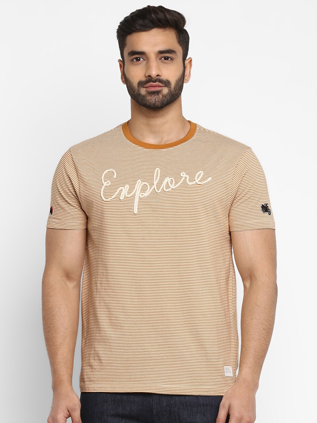 

Royal Enfield Men Mustard Striped Round Neck T-shirt