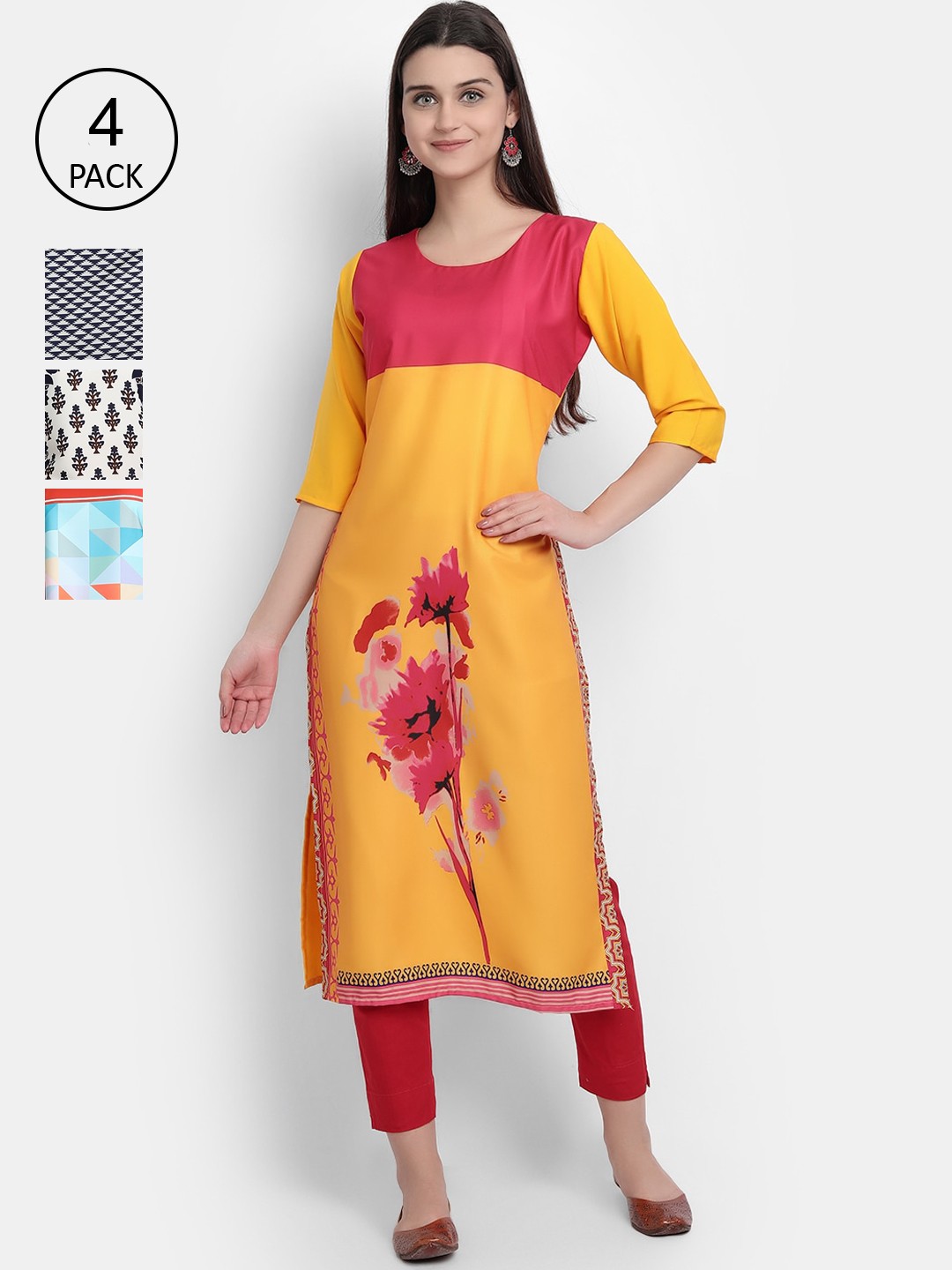 

Ethnic basket Women Pack Of 4 Mustard & Red Floral Printed Crepe Straight Kurta