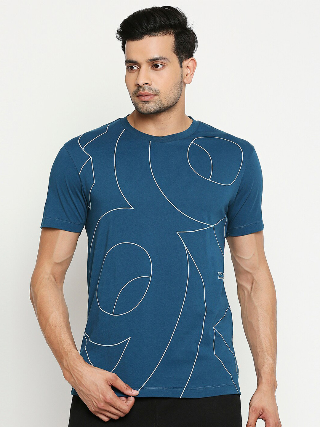 

Mufti Men Blue & White Printed Round Neck T-shirt