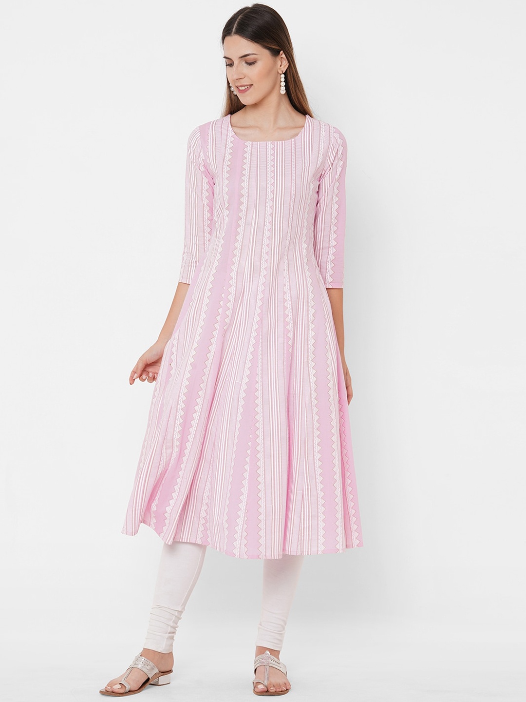 

FASHOR Women Pink Striped Anarkali Kurta