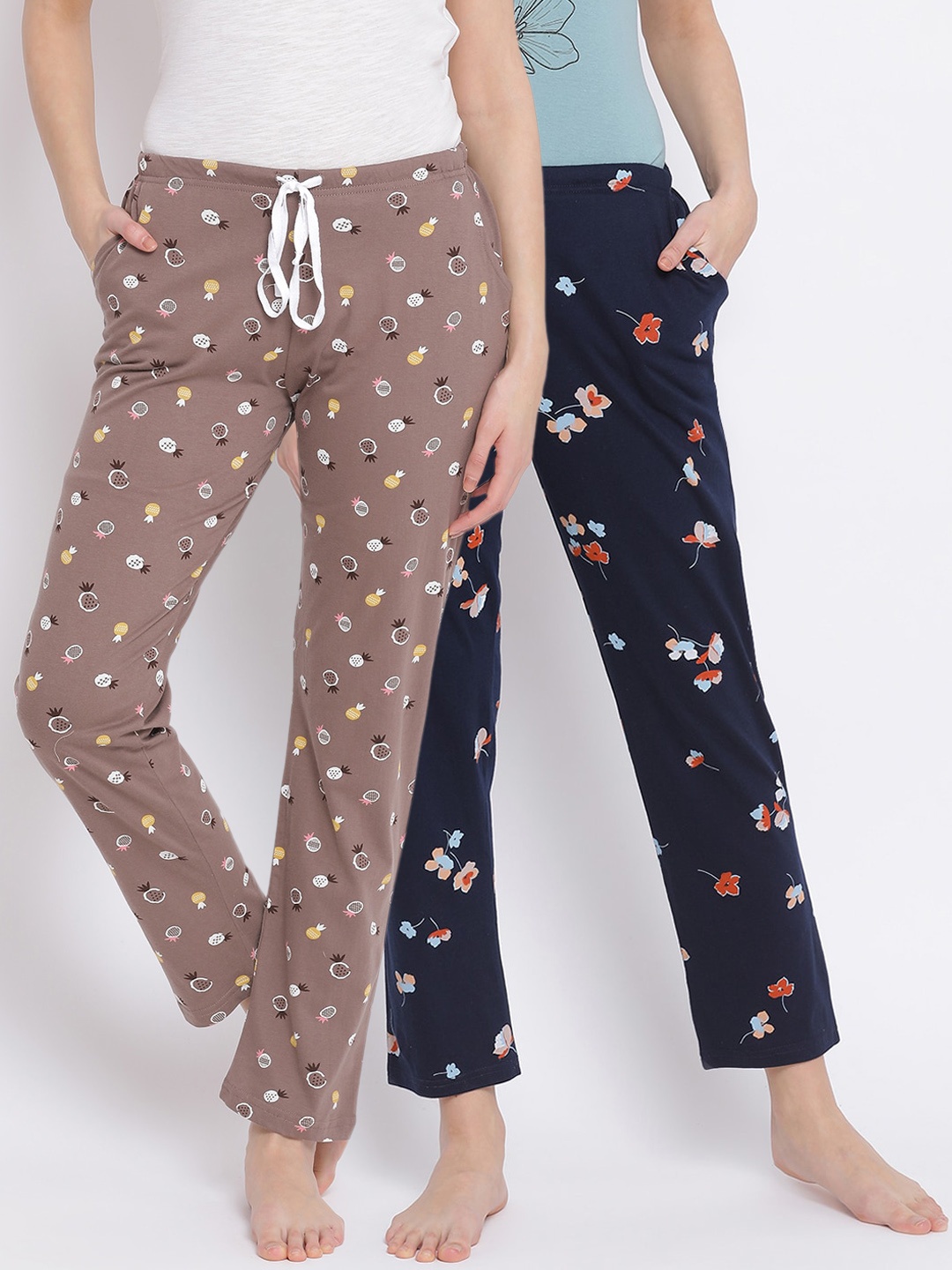 

Kanvin Women Pack Of 2 Printed Pure Cotton Lounge Pants, Taupe