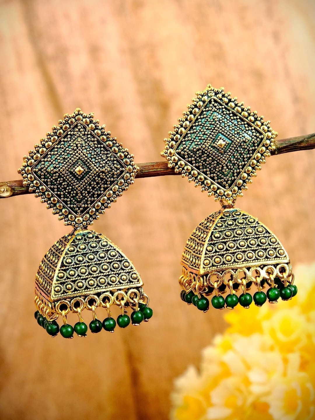 

Crunchy Fashion Gold-Plated Green Contemporary Jhumkas