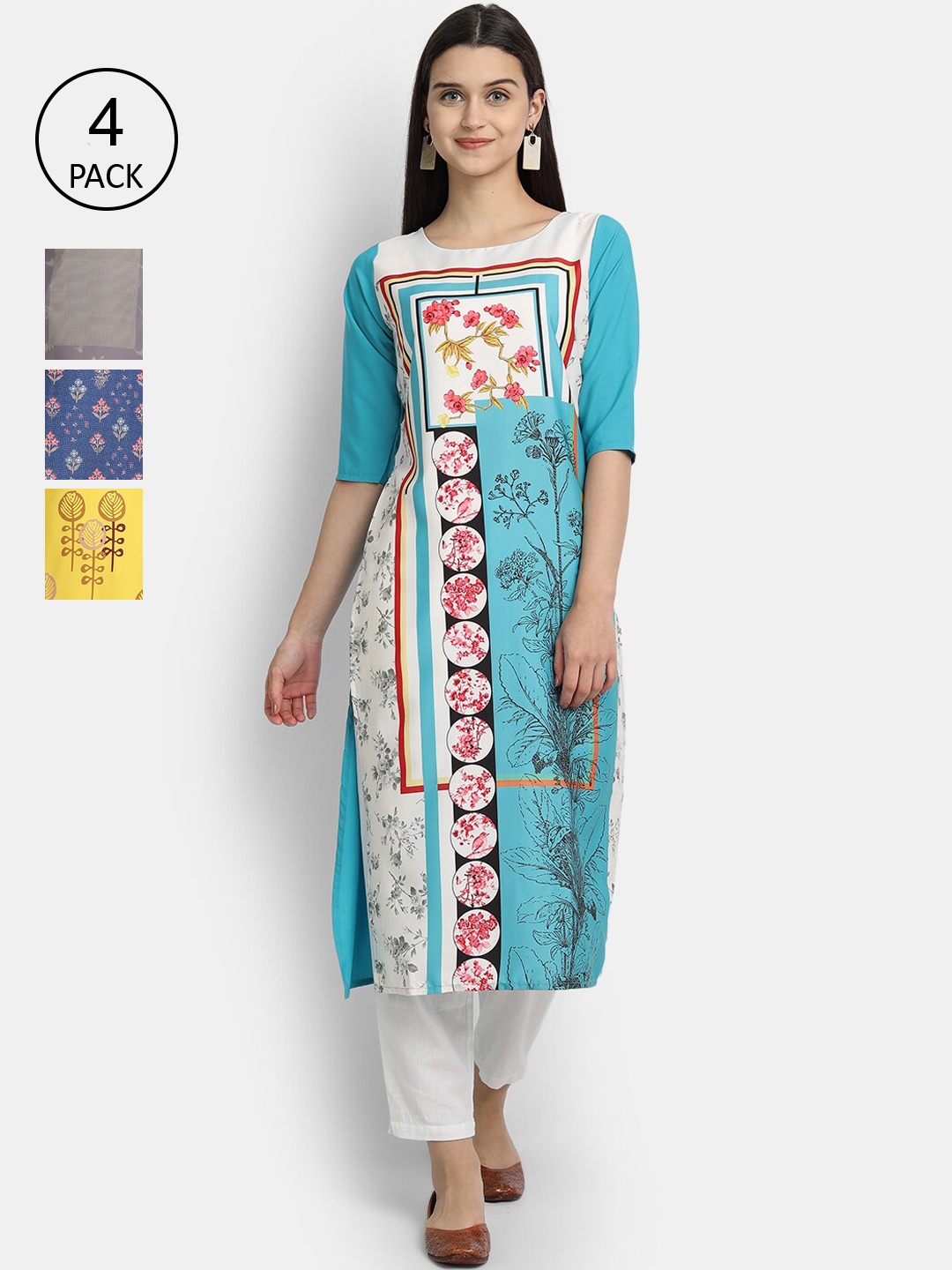 

Ethnic basket Women Blue & Yellow Printed Crepe Kurta