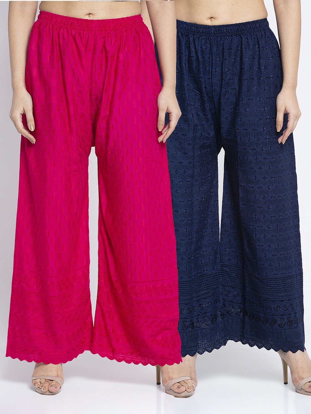 

GRACIT Women Pack Of 2 Pink & Navy Blue Embroidered Wide Leg Palazzos
