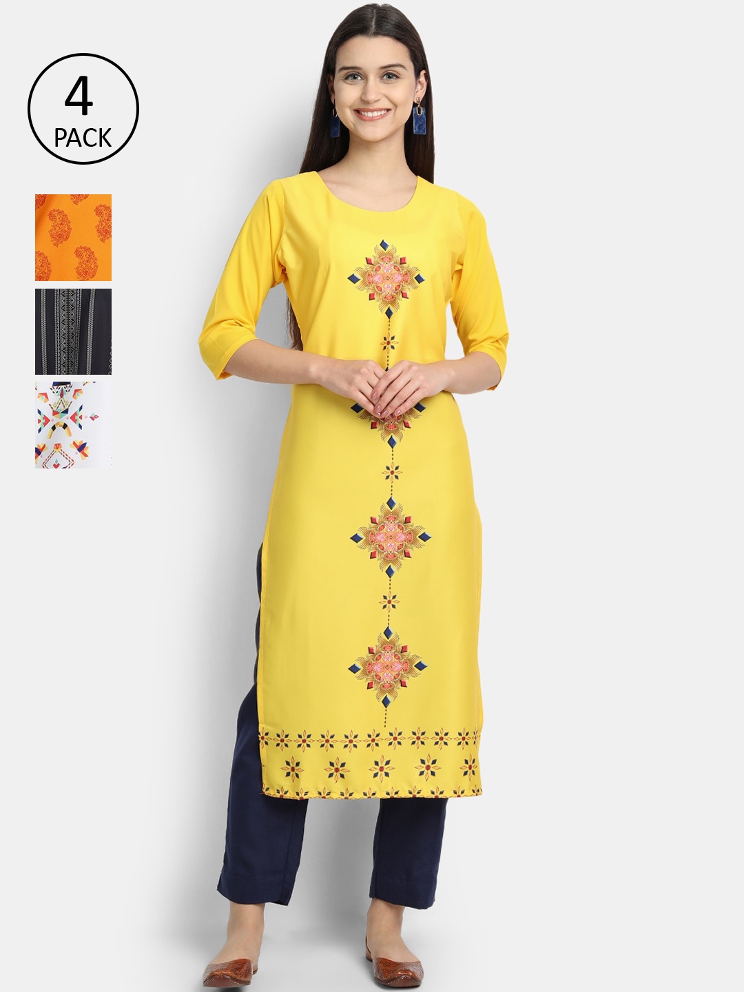 

Ethnic basket Women Pack of 4 Printed Crepe Kurtas, Yellow