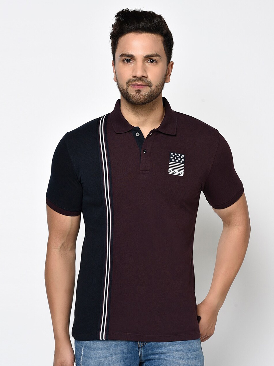 

Octave Men Maroon & Blue Colourblocked Polo Collar Cotton T-shirt