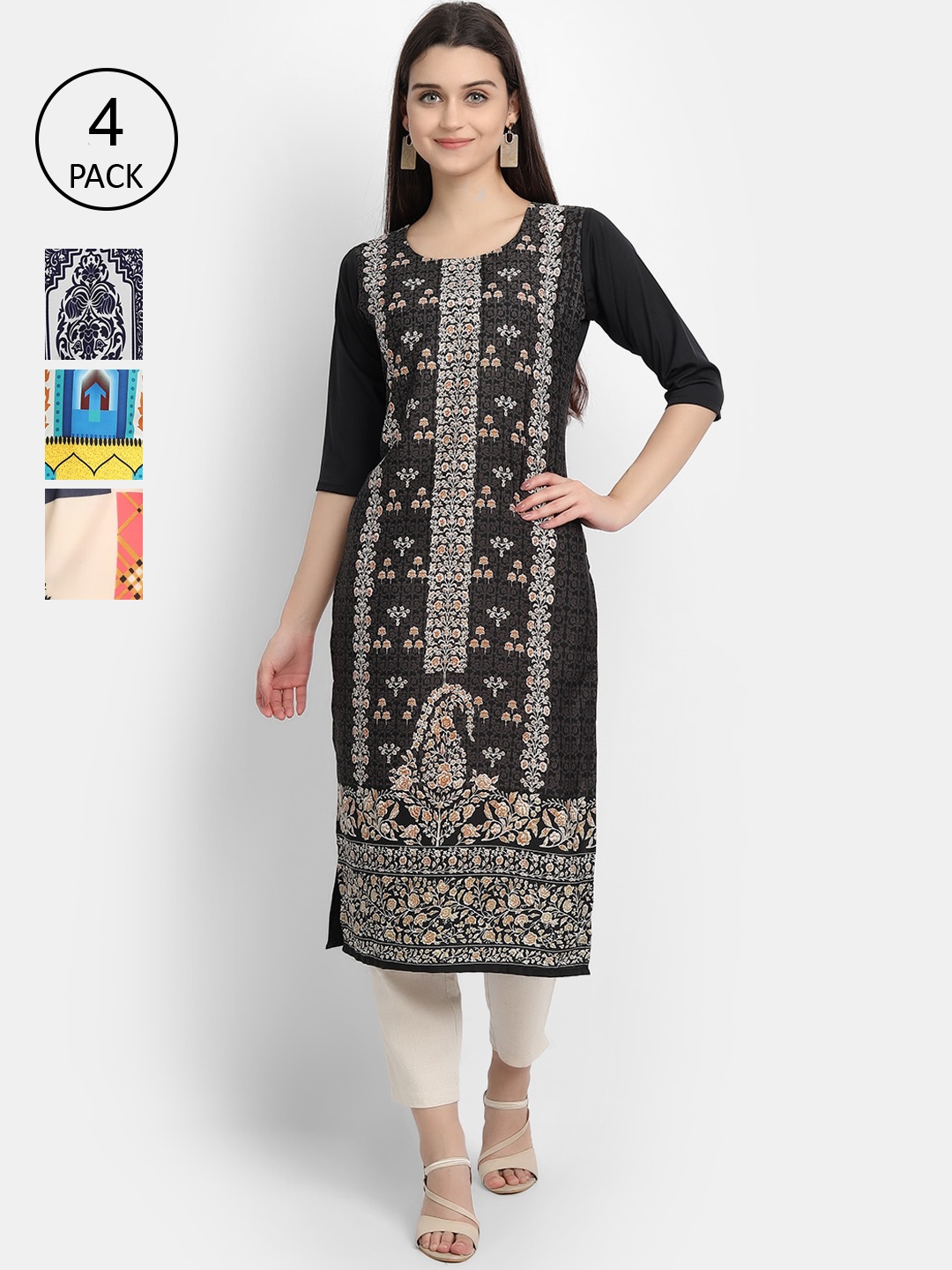 

Ethnic basket Women Pack Of 4 Printed Crepe Kurta, Black
