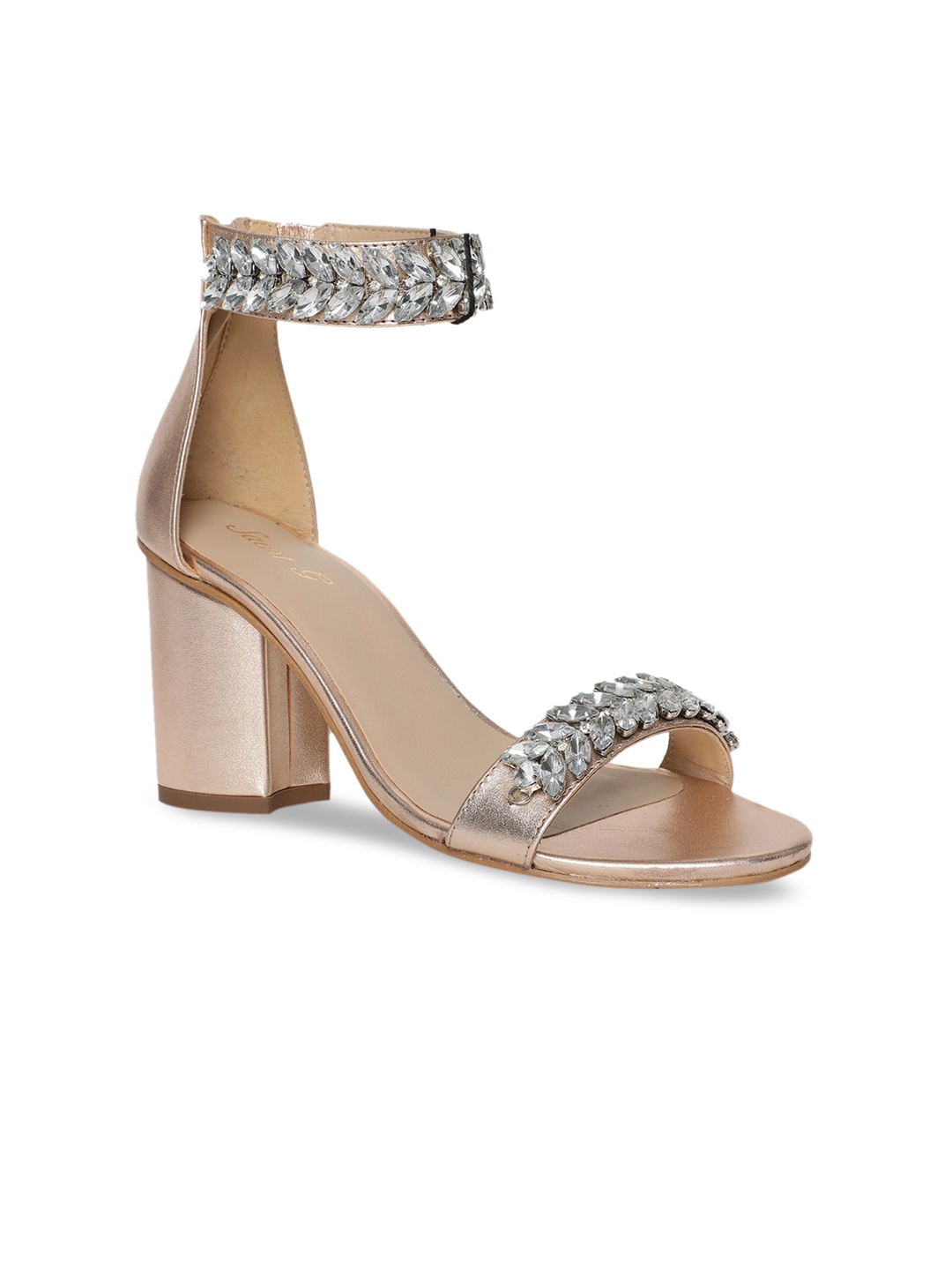 

Saint G Women Rose Gold-Toned Leather Crystal Embellished Block Heels