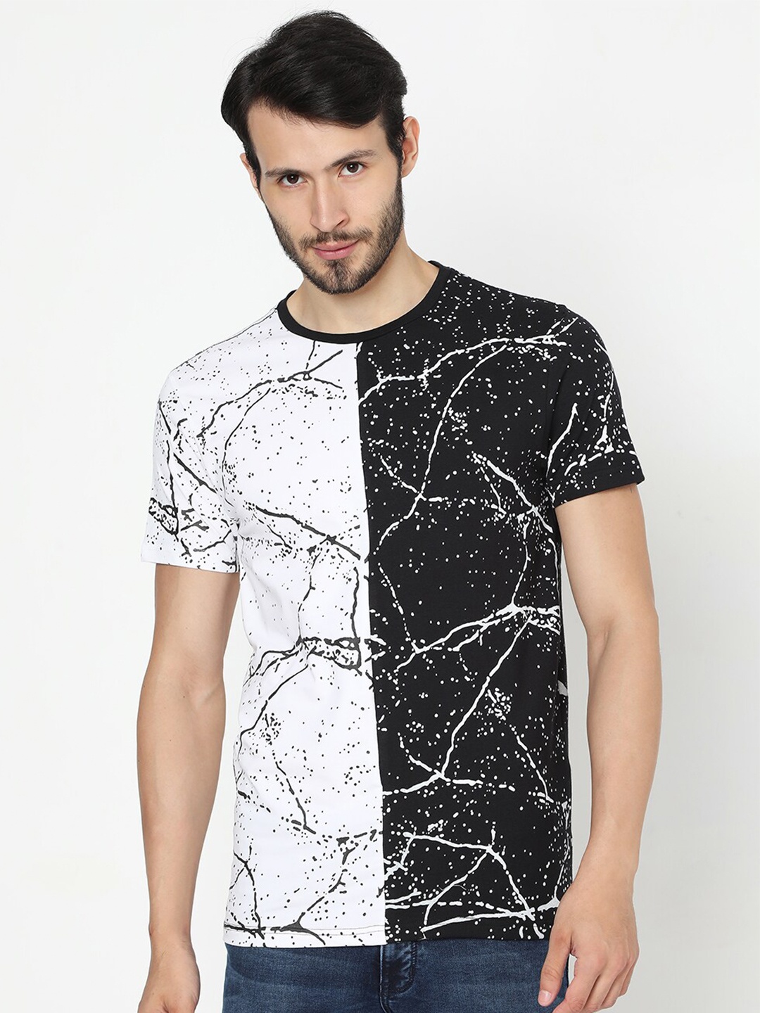 

Rex Straut Jeans Men White Black Colourblocked Mandarin Collar Pure Cotton T-shirt