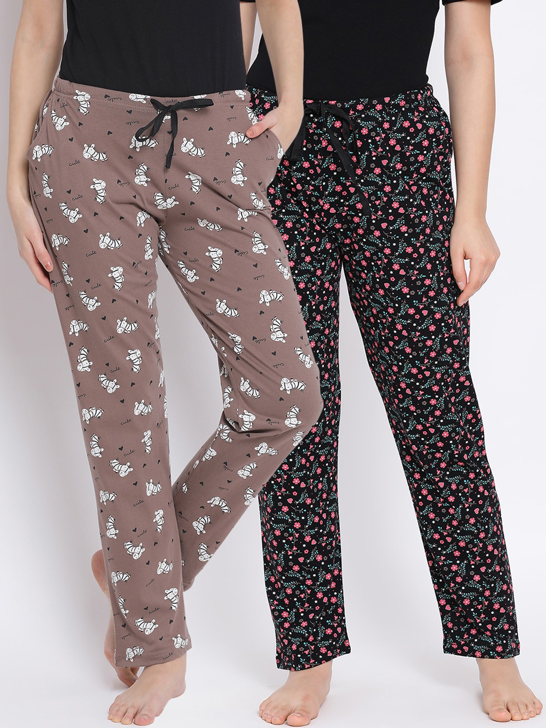 

Kanvin Women Pack Of 2 Printed Pure Cotton Lounge Pants, Black