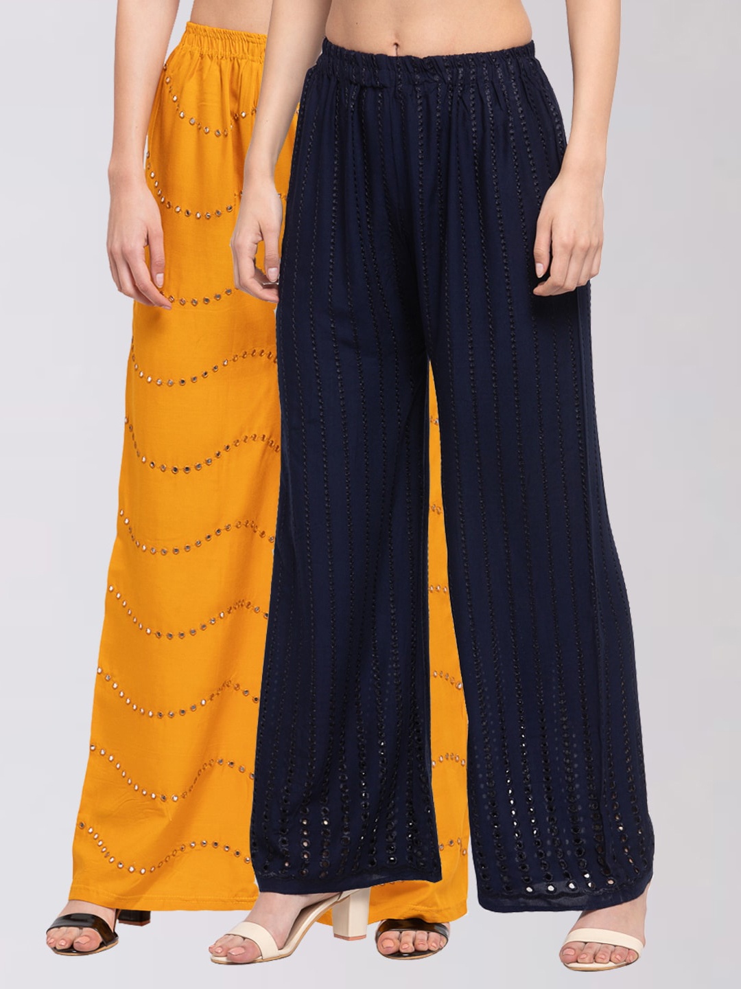 

KLOTTHE Women Pack Of 2 Yellow & Navy Blue Embroidered Wide Leg Palazzos