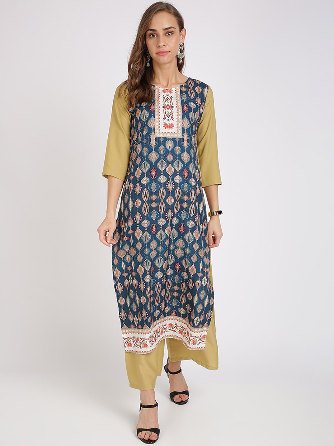 

Florence Women Teal Blue & Beige Printed Straight Kurta & Palazzos