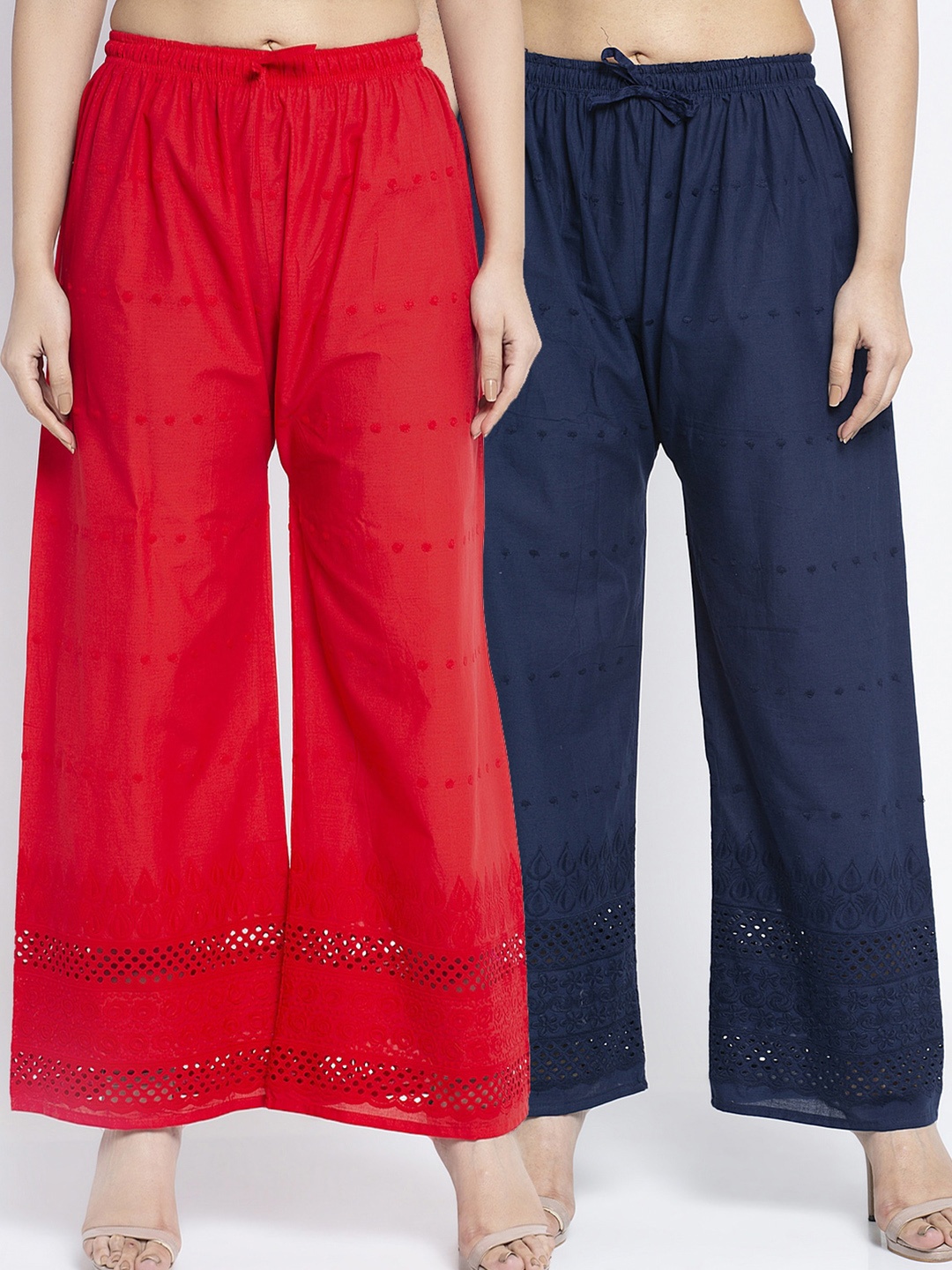 

GRACIT Women Red & Navy Blue Set of 2 Embroidered Wide Leg Palazzos
