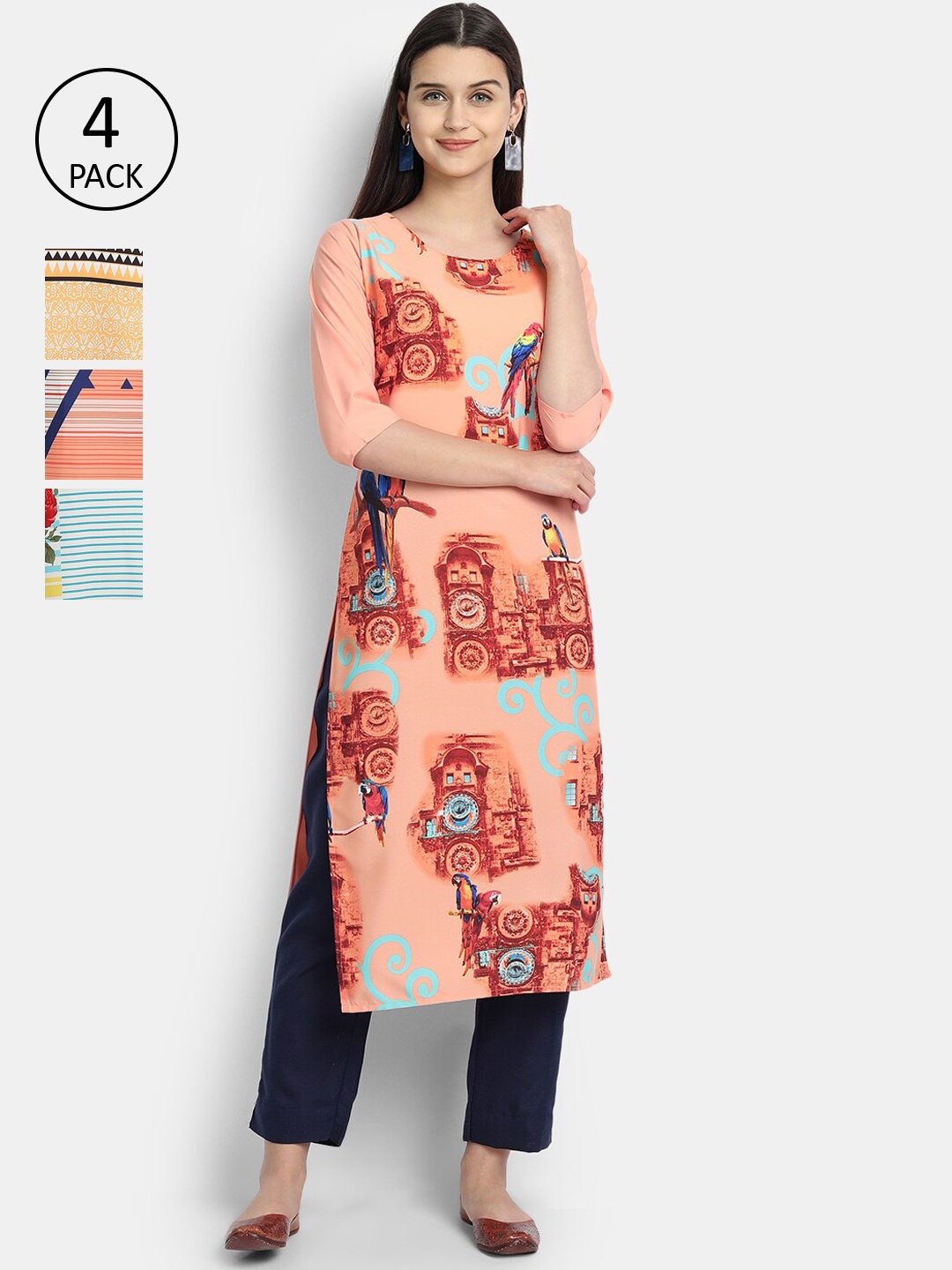 

Ethnic basket Women Set of 4 Multicoloured Ethnic Motifs Printed Crepe Kurta, Multi
