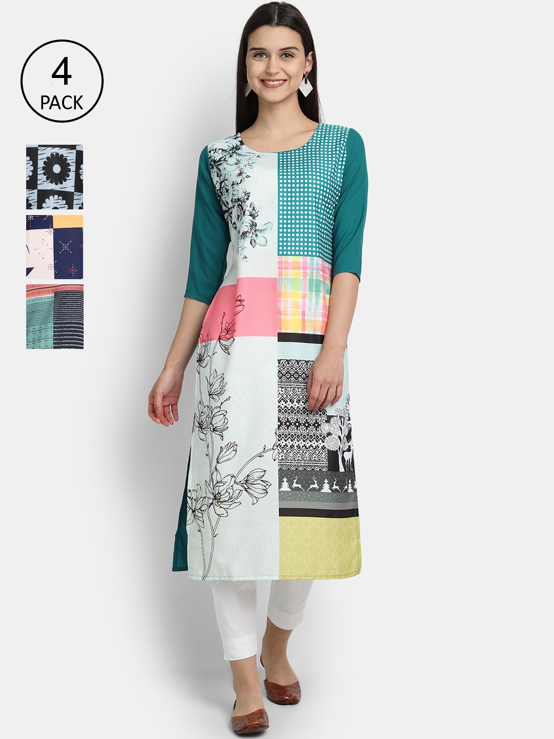

Ethnic basket Women Pack of 4 Multicoloured Floral Printed Crepe Kurta, Multi