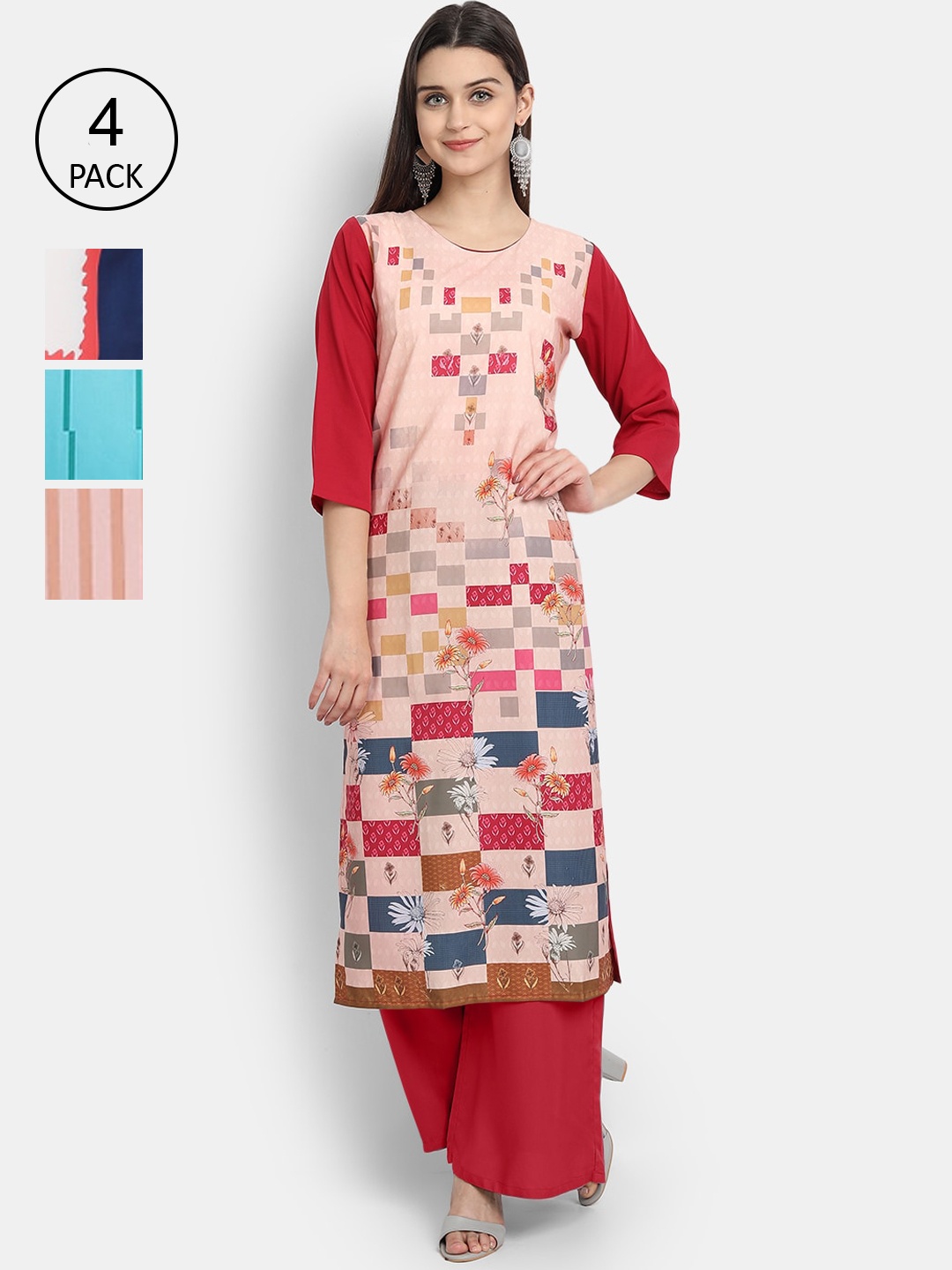 

Ethnic basket Women Pack of 4 Printed Crepe Kurtas, Pink