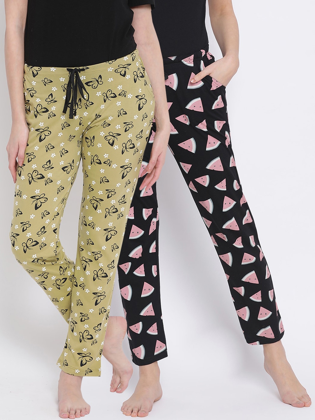 

Kanvin Women Pack of 2 Printed Pure Cotton Lounge Pants, Green