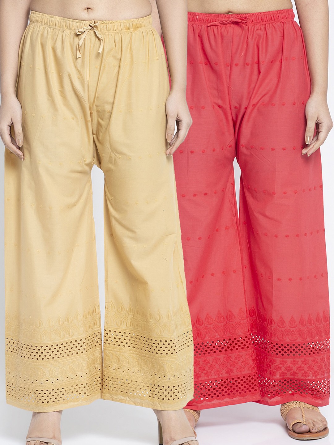 

GRACIT Women Pack Of 2 Beige & Coral Embroidered Wide Leg Palazzos