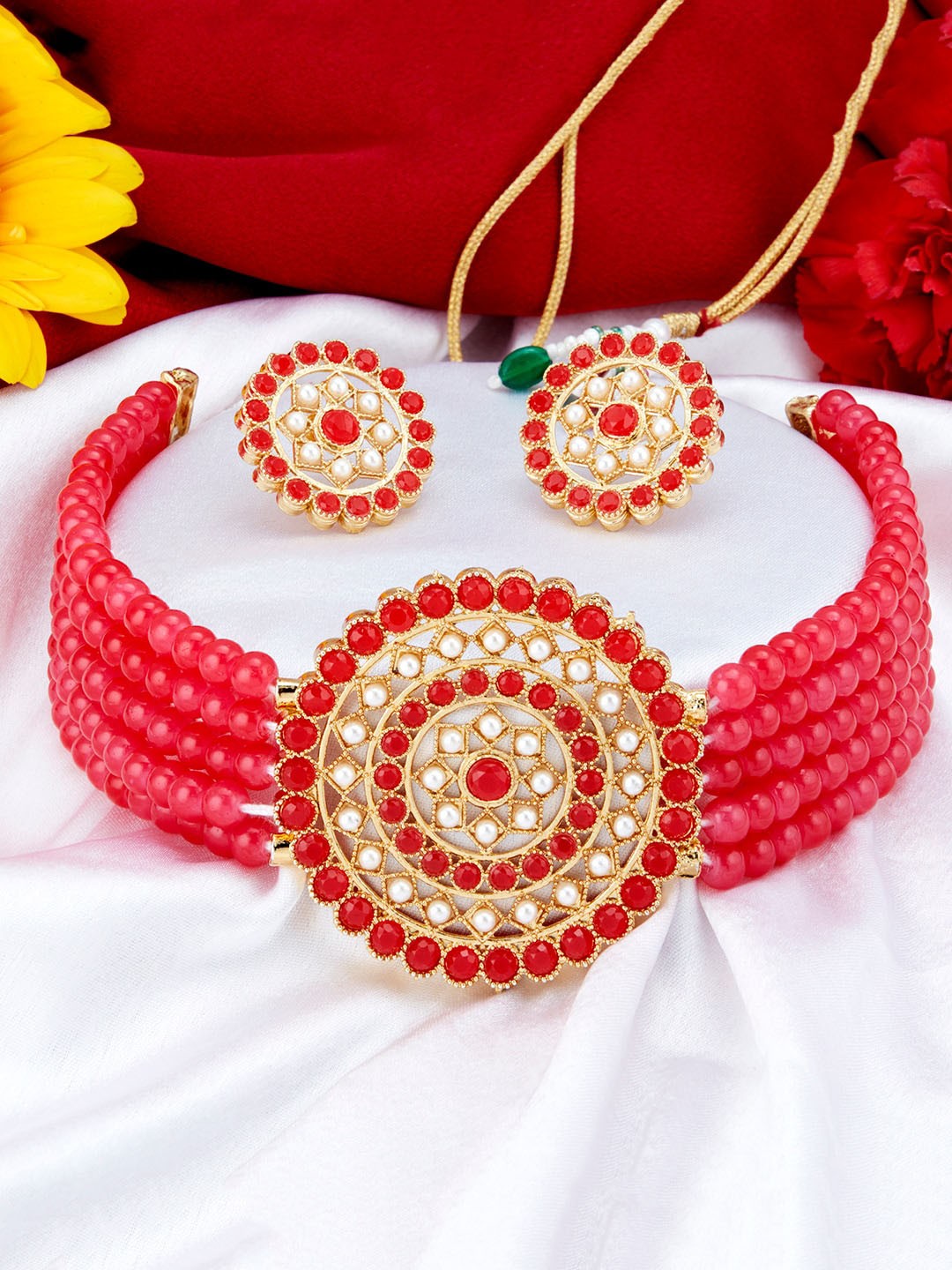 

Sukkhi Gold-Plated Red & White Stone-Studded & Pearl Beaded Jewellery Set