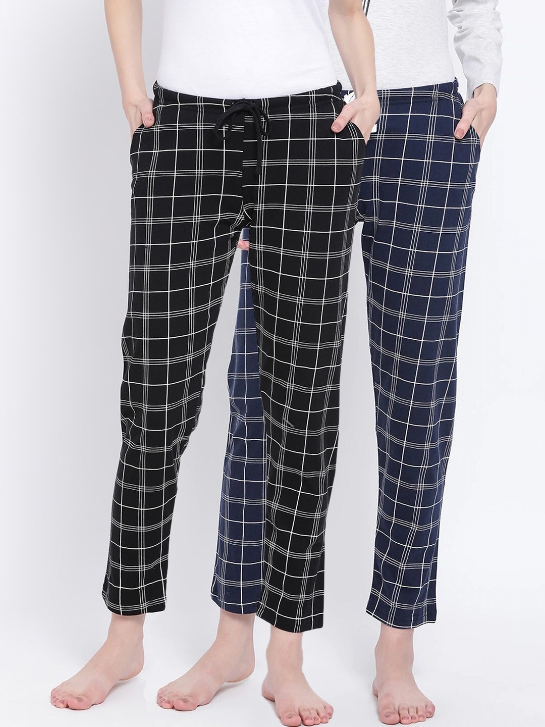 

Kanvin Women Pack Of 2 Checked Pure Cotton Lounge Pants, Navy blue