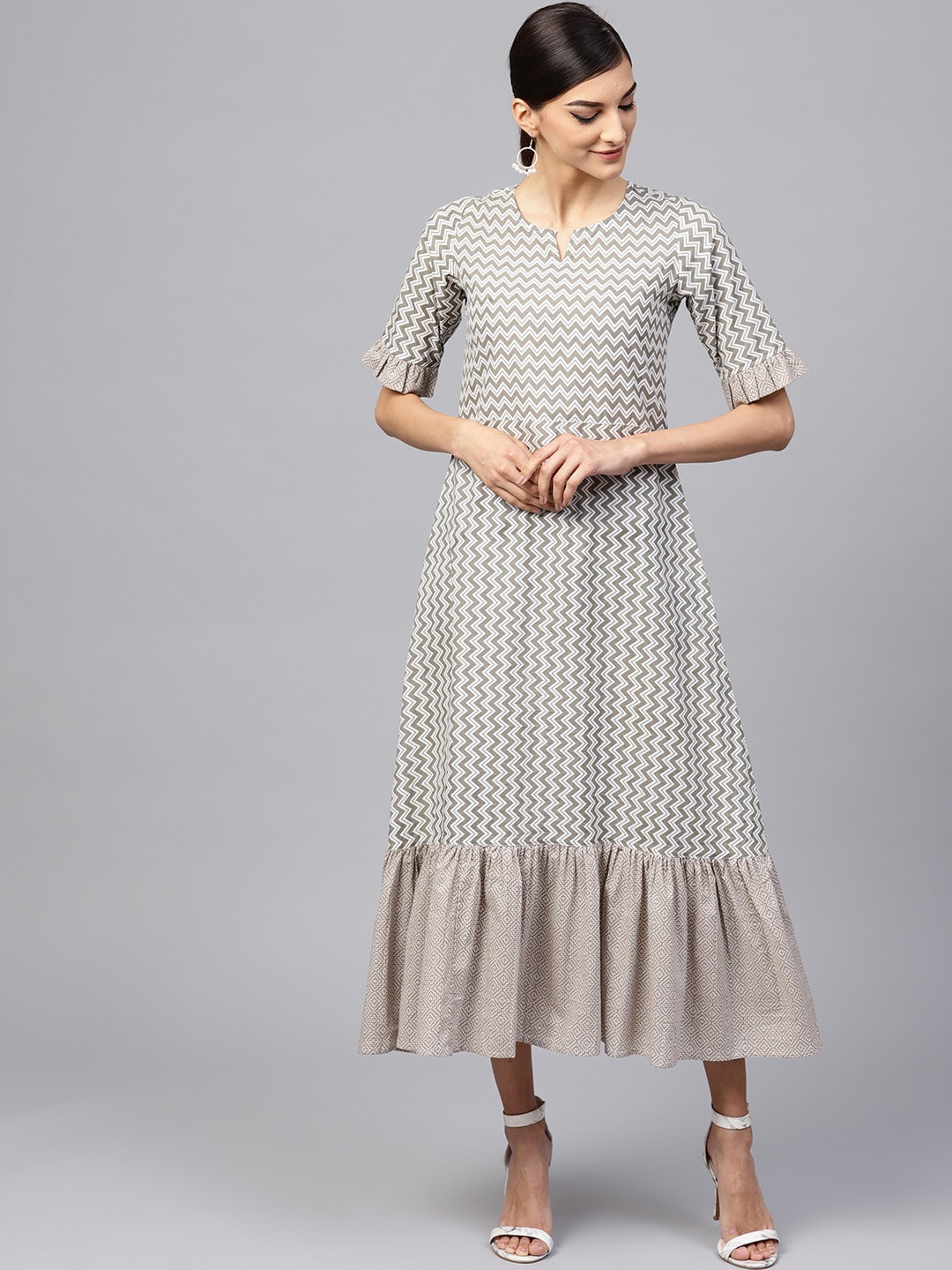 

Indo Era Grey & White Printed Maxi Dress