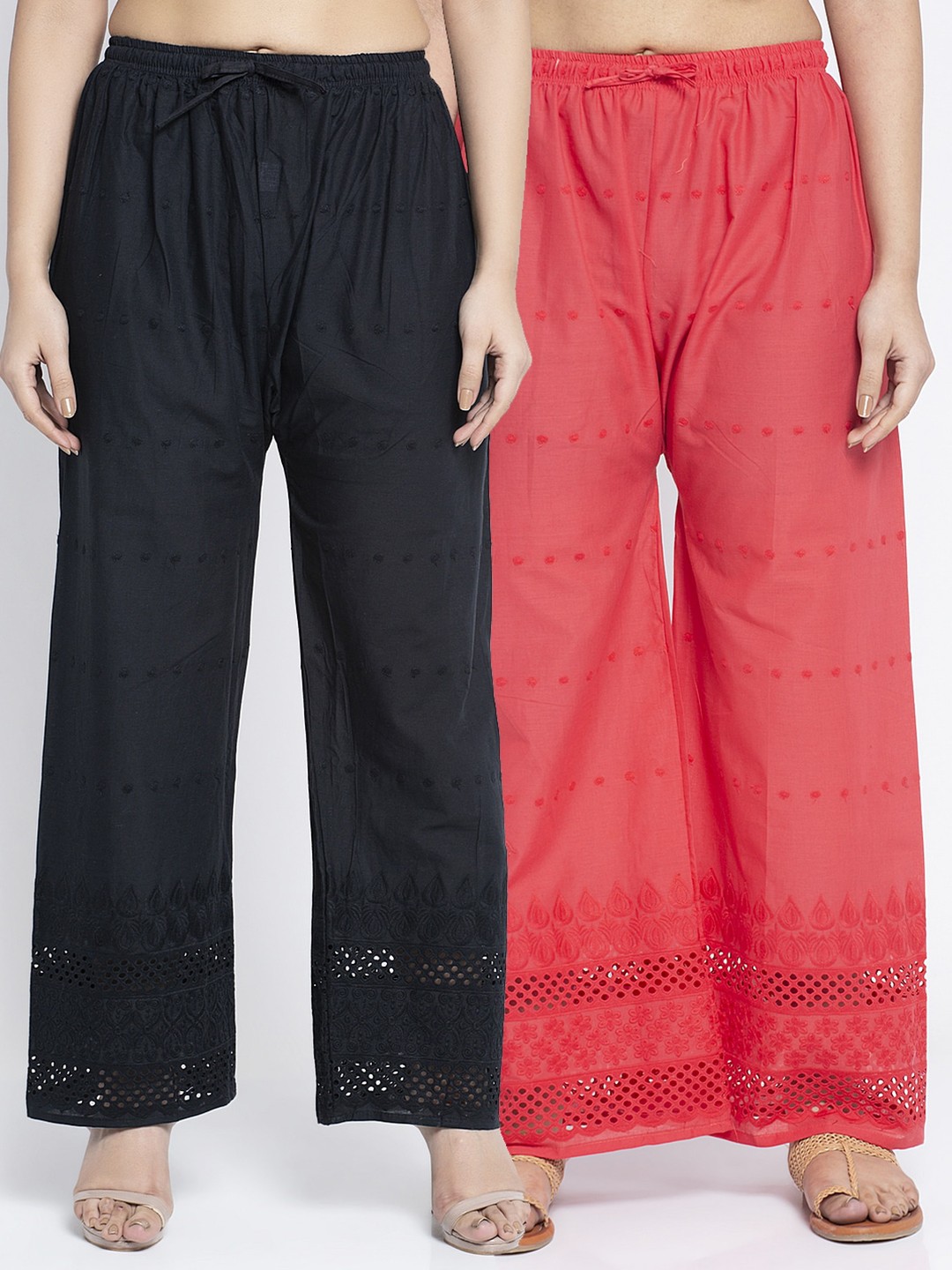 

GRACIT Pack of 2 Women Black & Peach-Coloured Embroidered Wide Leg Palazzos