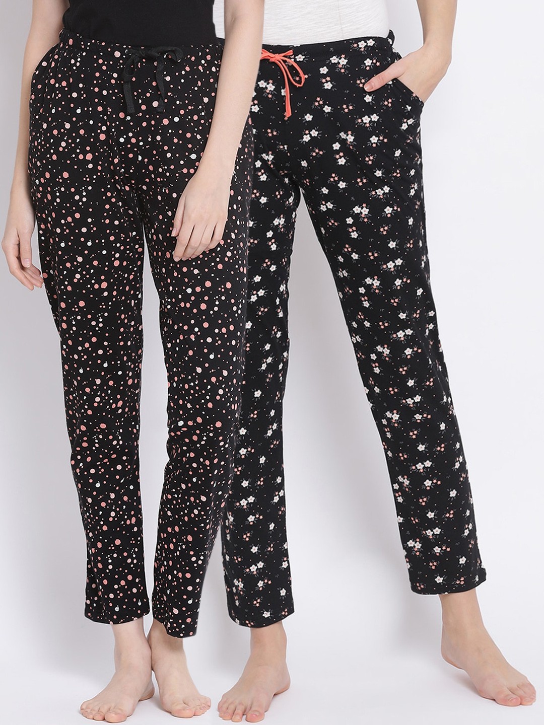 

Kanvin Women Pack of 2 Floral Print Cotton Lounge Pants, Black