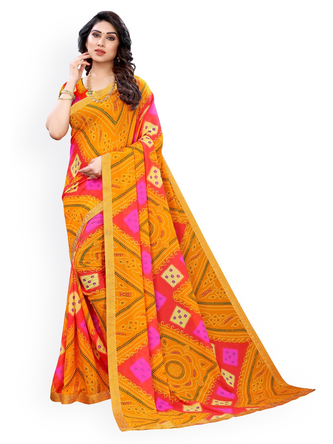 

KALINI Yellow & Pink Pure Georgette Printed Bandhani Saree