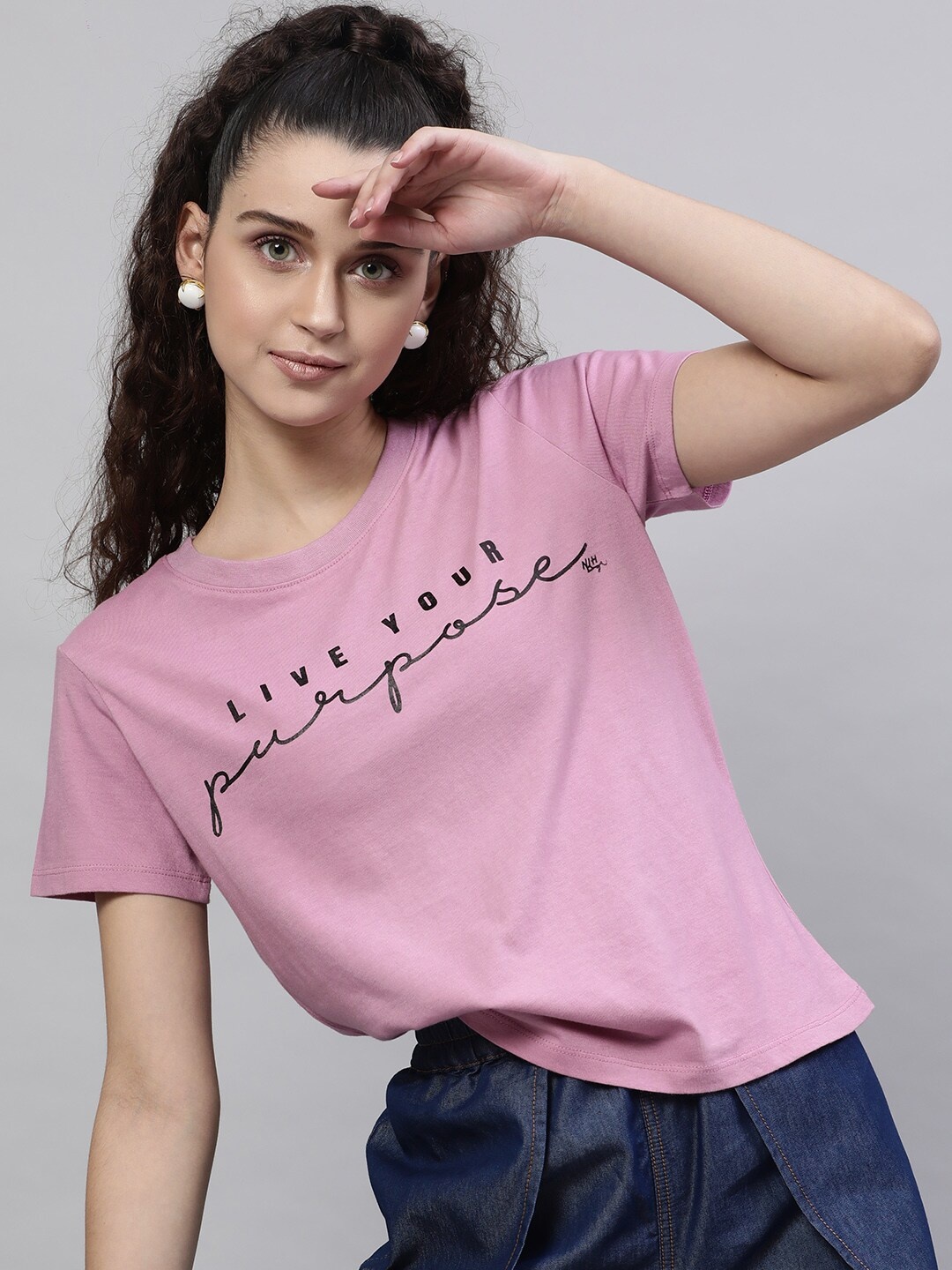 

STREET 9 Women Lavender Printed Round Neck Pure Cotton T-shirt