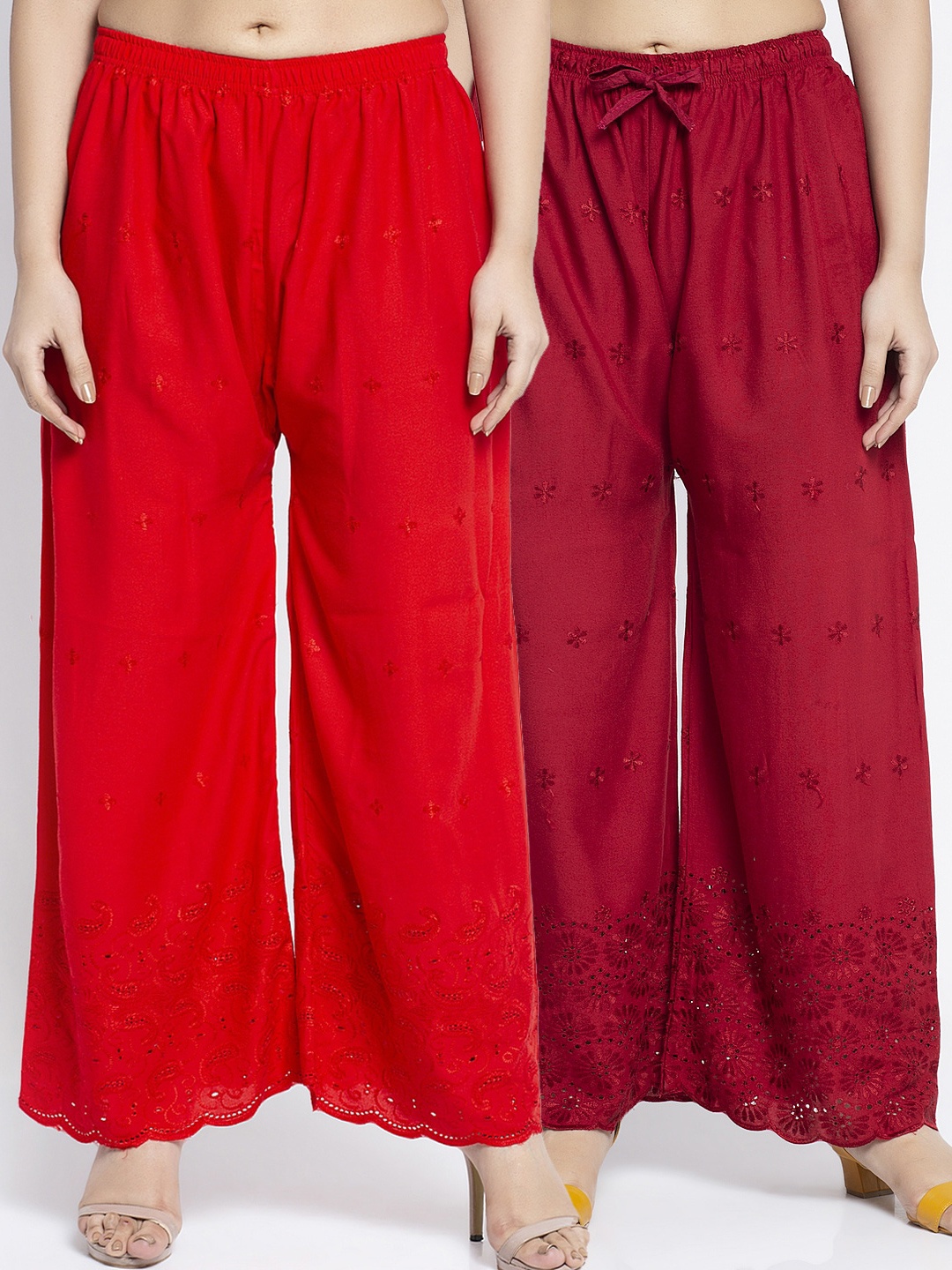 

GRACIT Women Red & Maroon Set of 2 Embroidered Wide Leg Palazzos