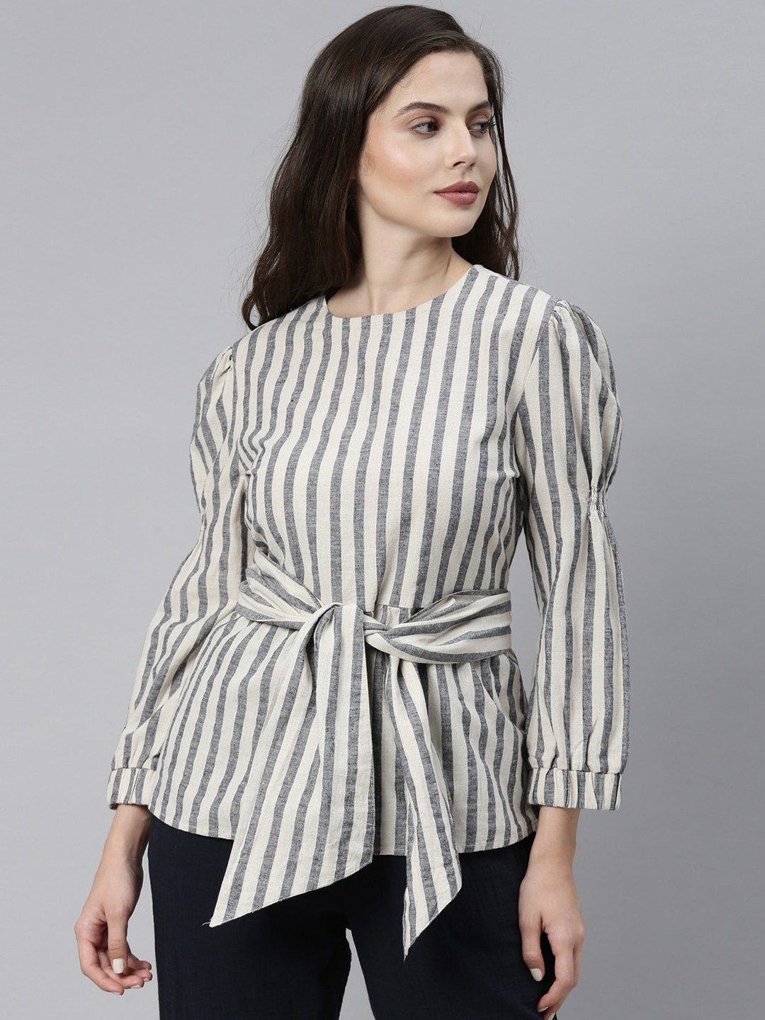 

RAREISM Women Navy Blue Striped Cinched Waist Top