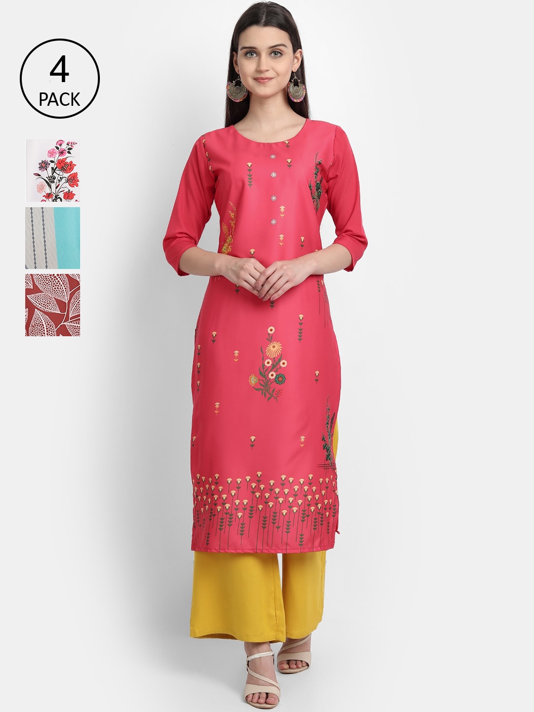 

Ethnic basket Women Pack Of 4 Multicoloured Floral Printed Crepe Kurta, Multi