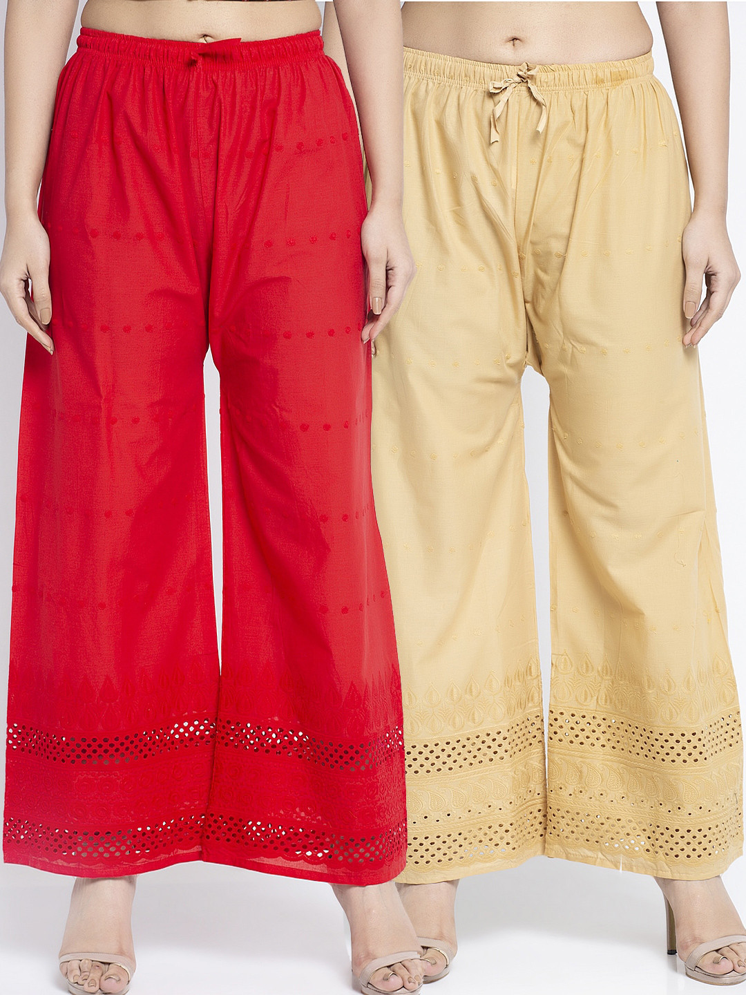 

GRACIT Women Pack Of 2 Red & Beige Hem Design Wide Leg Cotton Palazzos